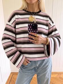 SHEIN EZwear 女款條紋圓領落肩長袖休閒T恤，適合日常通勤、聚會、秋冬春夏、聖誕節、新年、感恩節、派對、婚禮、海灘、畢業典禮、優雅、外出、約會 - 彩色 - 查看 3