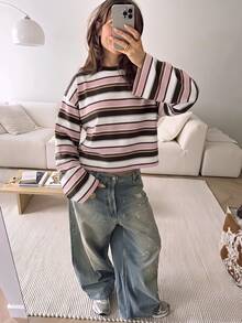 SHEIN EZwear 女款條紋圓領落肩長袖休閒T恤，適合日常通勤、聚會、秋冬春夏、聖誕節、新年、感恩節、派對、婚禮、海灘、畢業典禮、優雅、外出、約會 - 彩色 - 查看 5