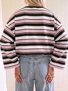 SHEIN EZwear 女款條紋圓領落肩長袖休閒T恤，適合日常通勤、聚會、秋冬春夏、聖誕節、新年、感恩節、派對、婚禮、海灘、畢業典禮、優雅、外出、約會 - 彩色 - 查看 2