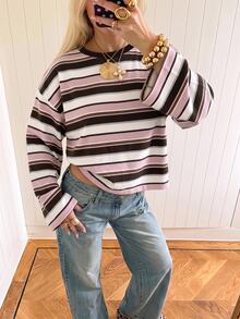 SHEIN EZwear 女款條紋圓領落肩長袖休閒T恤，適合日常通勤、聚會、秋冬春夏、聖誕節、新年、感恩節、派對、婚禮、海灘、畢業典禮、優雅、外出、約會 - 彩色 - 查看 6