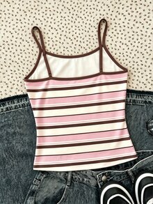 Tween Girls Casual Cute Kids Minimalist Spaghetti Strap Fitted Striped Pattern Summer Top Back-To-School - White - View 2