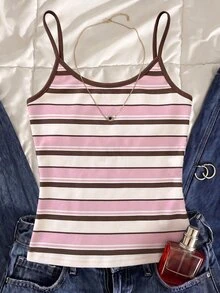 Tween Girls Casual Cute Kids Minimalist Spaghetti Strap Fitted Striped Pattern Summer Top Back-To-School - White - View 3