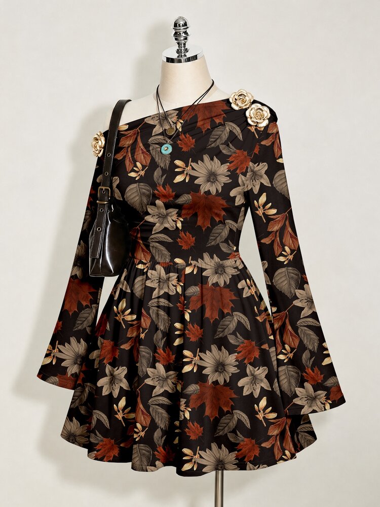 SHEIN ICON Plus Size Y2K Autumn Fallen Maple Leaf Print Long Sleeve Dress - Vintage Casual Slim Fit, Suitable For Spring And Autumn - Multicolor - View 3