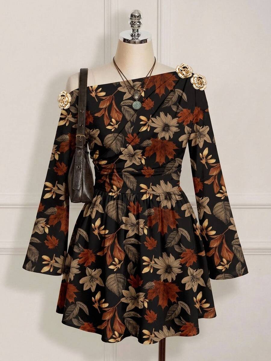 SHEIN ICON 大尺碼 Y2K 秋季落楓葉印花長袖洋裝,復古休閒修身款,適合春秋穿著 - 彩色 - 查看 1