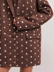 SHEIN BAE Blazer Oversized Suede Cokelat Wanita dengan Detail Kancing Logam untuk Musim Gugur, Pesta Liburan, Thanksgiving, Natal, Kasual, Kerja dan Kantor - Coklat - View 7