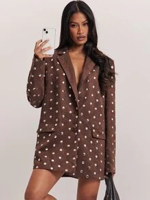 SHEIN BAE Blazer Oversized Suede Cokelat Wanita dengan Detail Kancing Logam untuk Musim Gugur, Pesta Liburan, Thanksgiving, Natal, Kasual, Kerja dan Kantor - Coklat - View 4