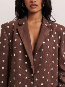SHEIN BAE Blazer Oversized Suede Cokelat Wanita dengan Detail Kancing Logam untuk Musim Gugur, Pesta Liburan, Thanksgiving, Natal, Kasual, Kerja dan Kantor - Coklat - View 5