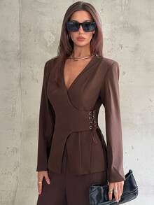 Aloruh Blazer Wanita Elegan dengan Leher V Dalam, Potongan Slim Fit, dan Pinggang yang Mengencangkan, Warna Cokelat - Coklat - View 3