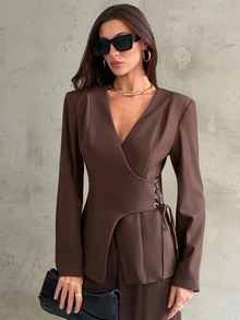 Aloruh Blazer Wanita Elegan dengan Leher V Dalam, Potongan Slim Fit, dan Pinggang yang Mengencangkan, Warna Cokelat - Coklat - View 5