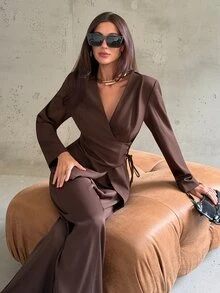 Aloruh Blazer Wanita Elegan dengan Leher V Dalam, Potongan Slim Fit, dan Pinggang yang Mengencangkan, Warna Cokelat - Coklat - View 6