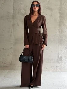 Aloruh Blazer Wanita Elegan dengan Leher V Dalam, Potongan Slim Fit, dan Pinggang yang Mengencangkan, Warna Cokelat - Coklat - View 4