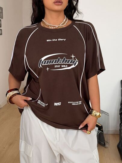 Coolane Women's Men's Plus Size Summer Fall Streetwear Gym Game Day Sports Event Letter Printed Cotton Brown Short Sleeve Oversize Jersey T-Shirt