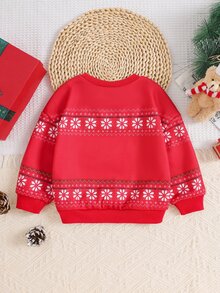 SHEIN Baby Girls Sweatshirts Parent-Child Matching Christmas Reindeer Fair Isle Pattern Printed Knit Comfortable Thermal Lined Thickened Sweatshirt - Red - View 3