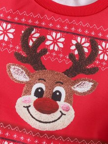 SHEIN Baby Girls Sweatshirts Parent-Child Matching Christmas Reindeer Fair Isle Pattern Printed Knit Comfortable Thermal Lined Thickened Sweatshirt - Red - View 4