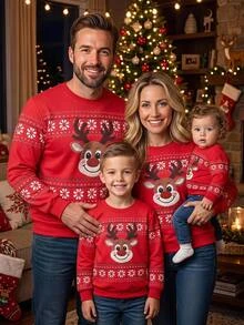 SHEIN Baby Girls Sweatshirts Parent-Child Matching Christmas Reindeer Fair Isle Pattern Printed Knit Comfortable Thermal Lined Thickened Sweatshirt - Red - View 1