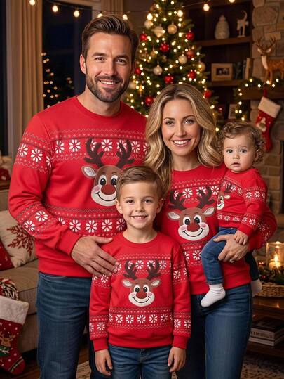 SHEIN Baby Girls Sweatshirts Parent-Child Matching Christmas Reindeer Fair Isle Pattern Printed Knit Comfortable Thermal Lined Thickened Sweatshirt