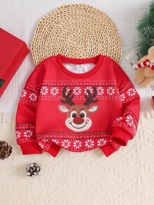 SHEIN Baby Girls Sweatshirts Parent-Child Matching Christmas Reindeer Fair Isle Pattern Printed Knit Comfortable Thermal Lined Thickened Sweatshirt - Red - View 2