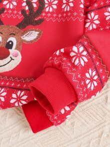 SHEIN Baby Girls Sweatshirts Parent-Child Matching Christmas Reindeer Fair Isle Pattern Printed Knit Comfortable Thermal Lined Thickened Sweatshirt - Red - View 5