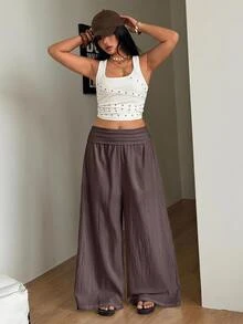 Coolane Women's Plus Size Summer Fall Going Out Elegant Vacation Country Concert Beach Outfit Boho Basic 100 Cotton Brown Mid-Waist Wide Leg Pants - Brown - View 3