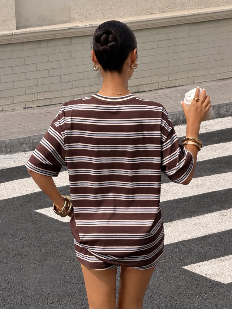Muchica Holiday Outfits Brown Striped Striped Striped Knit Women's Round Neck Short Sleeve T-Shirt And Shorts Casual Set Travel Summer Travel - Brown - View 2
