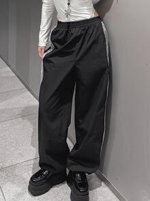 FRIFUL Women's Autumn Contrast Lace Trim Long Pants - Black - View 7