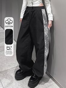 FRIFUL Women's Autumn Contrast Lace Trim Long Pants - Black - View 1