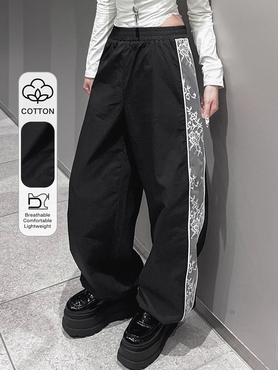FRIFUL Women's Autumn Contrast Lace Trim Long Pants - Black - View 1