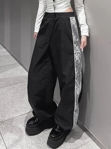 FRIFUL Women's Autumn Contrast Lace Trim Long Pants - Black - View 8