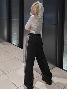 FRIFUL Women's Autumn Contrast Lace Trim Long Pants - Black - View 2