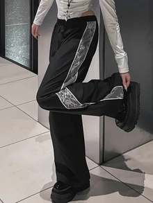 FRIFUL Women's Autumn Contrast Lace Trim Long Pants - Black - View 3