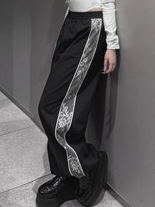 FRIFUL Women's Autumn Contrast Lace Trim Long Pants - Black - View 5