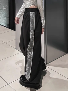 FRIFUL Women's Autumn Contrast Lace Trim Long Pants - Black - View 6