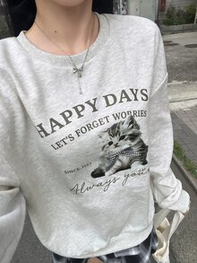 FRIFUL Sweatshirt Kasual Lengan Panjang Leher Bulat Bahu Longgar Motif Kartun Hewan Musim Gugur untuk Wanita - Grey - View 4