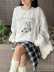 FRIFUL Sweatshirt Kasual Lengan Panjang Leher Bulat Bahu Longgar Motif Kartun Hewan Musim Gugur untuk Wanita - Grey - View 6