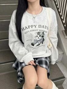 FRIFUL Sweatshirt Kasual Lengan Panjang Leher Bulat Bahu Longgar Motif Kartun Hewan Musim Gugur untuk Wanita - Grey - View 8