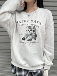 FRIFUL Sweatshirt Kasual Lengan Panjang Leher Bulat Bahu Longgar Motif Kartun Hewan Musim Gugur untuk Wanita - Grey - View 3