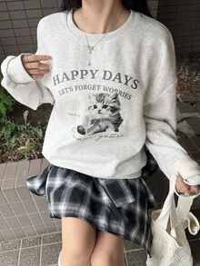 FRIFUL Sweatshirt Kasual Lengan Panjang Leher Bulat Bahu Longgar Motif Kartun Hewan Musim Gugur untuk Wanita - Grey - View 7