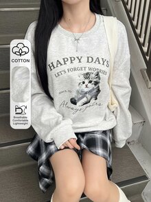 FRIFUL Sweatshirt Kasual Lengan Panjang Leher Bulat Bahu Longgar Motif Kartun Hewan Musim Gugur untuk Wanita - Grey - View 1