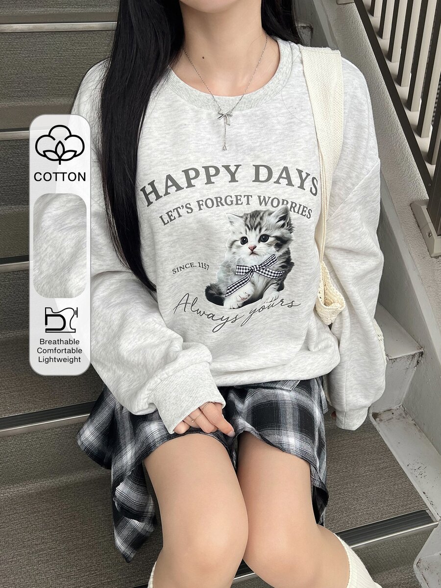 FRIFUL Sweatshirt Kasual Lengan Panjang Leher Bulat Bahu Longgar Motif Kartun Hewan Musim Gugur untuk Wanita - Grey - View 1