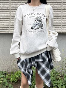 FRIFUL Sweatshirt Kasual Lengan Panjang Leher Bulat Bahu Longgar Motif Kartun Hewan Musim Gugur untuk Wanita - Grey - View 5