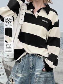 FRIFUL Women's Autumn Clothing Small Letter Decor Wide Stripe Sweatshirt - Black and White - View 1