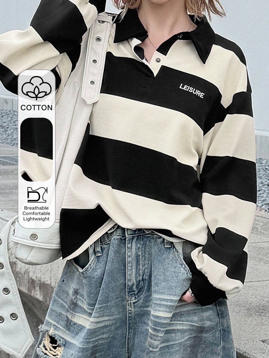FRIFUL Women's Autumn Clothing Small Letter Decor Wide Stripe Sweatshirt - Black and White - View 1