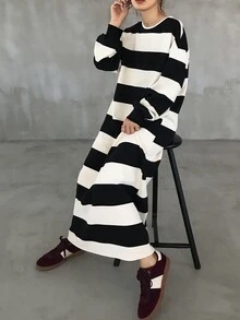 FRIFUL Women's Autumn Striped Straight Long Dress - Black - View 4