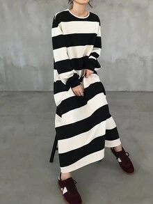 FRIFUL Women's Autumn Striped Straight Long Dress - Black - View 6