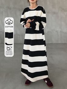 FRIFUL Women's Autumn Striped Straight Long Dress - Black - View 1