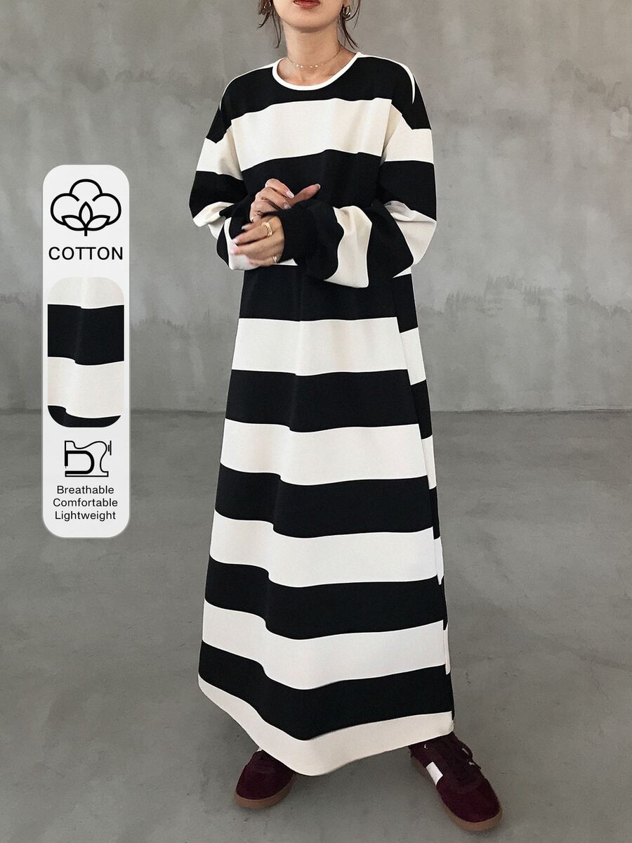 FRIFUL Women's Autumn Striped Straight Long Dress - Black - View 1