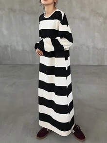 FRIFUL Women's Autumn Striped Straight Long Dress - Black - View 3