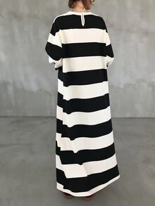 FRIFUL Women's Autumn Striped Straight Long Dress - Black - View 2