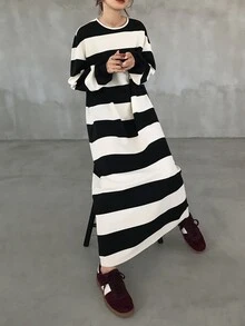 FRIFUL Women's Autumn Striped Straight Long Dress - Black - View 7