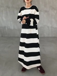 FRIFUL Women's Autumn Striped Straight Long Dress - Black - View 8